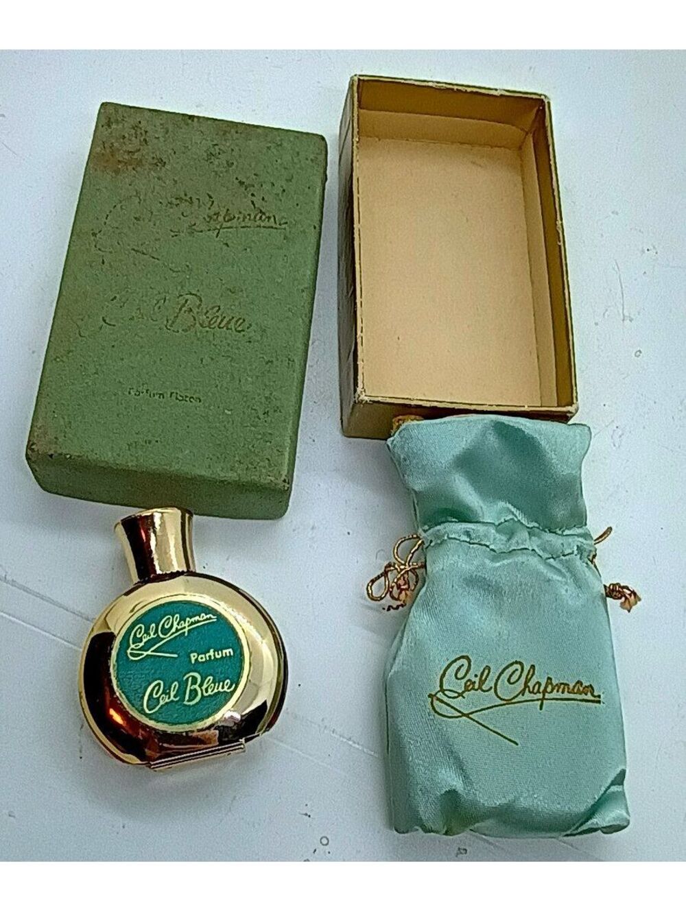 Vintage Gail Chapman Oeil Bleu Gold-Tone Parfum Bottle with Original Box and Poo